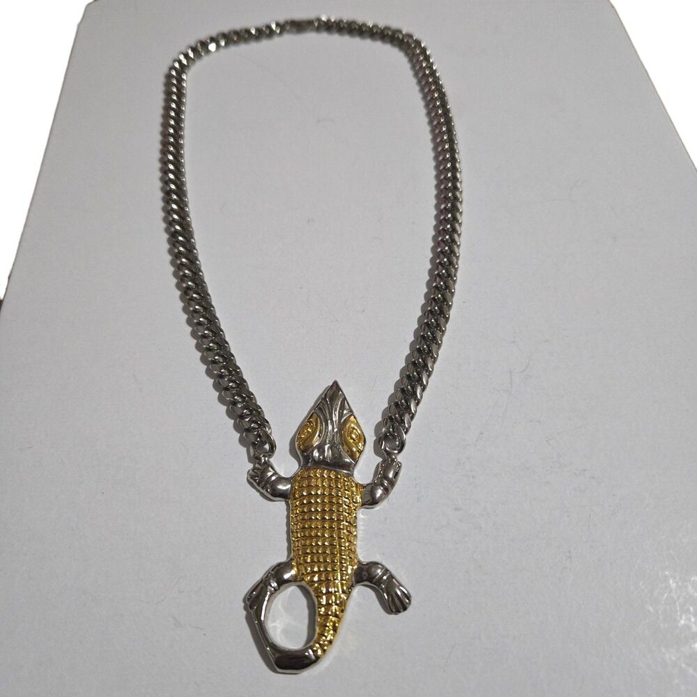 Two Tone Lizard Bottle Opener Pendant Necklace Silver Gold Cuban Link Chain Men